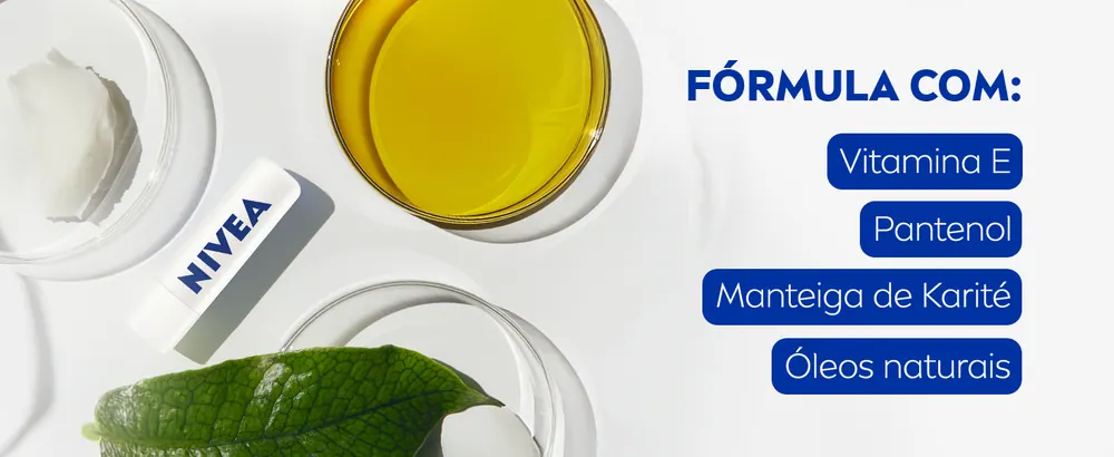 Fórmula com pantenol, vitamina E, manteiga de karité e óleos