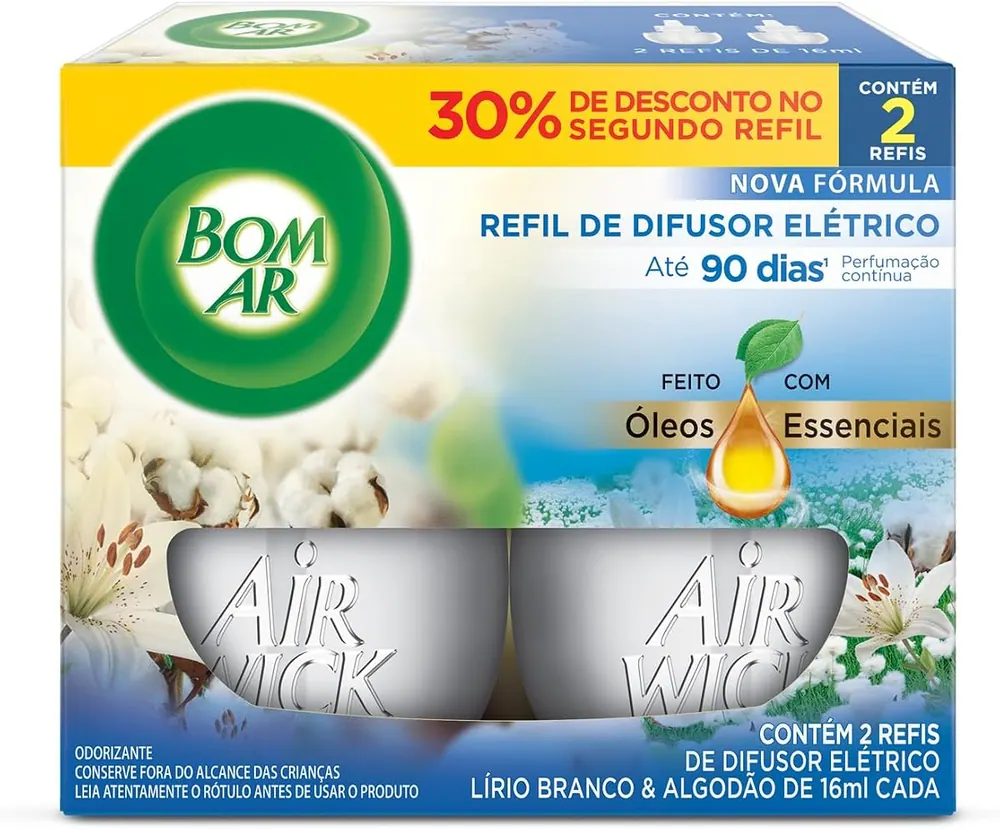 Bom Ar Refil para Difusor Elétrico Lírio Branco e Algodão - Kit 2 Refis 16ml