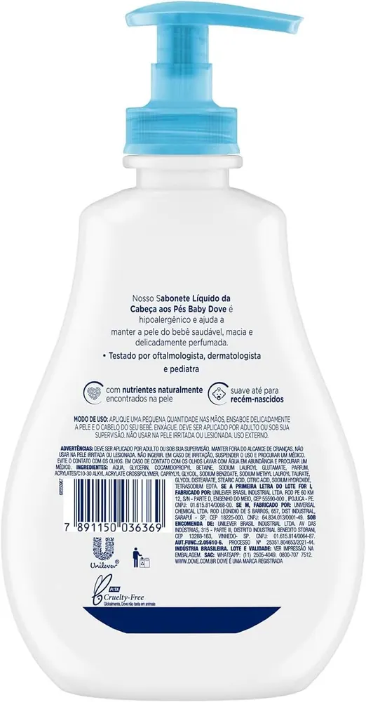 Baby Dove Sabonete Líquido da Cabeça aos Pés Hidratação Enriquecida 400ml