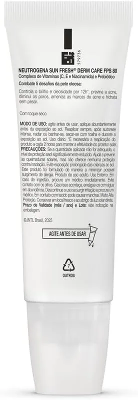 Neutrogena Sun Fresh Derm Care Oil Control Protetor Solar Facial FPS 80 Sem Cor 40ml