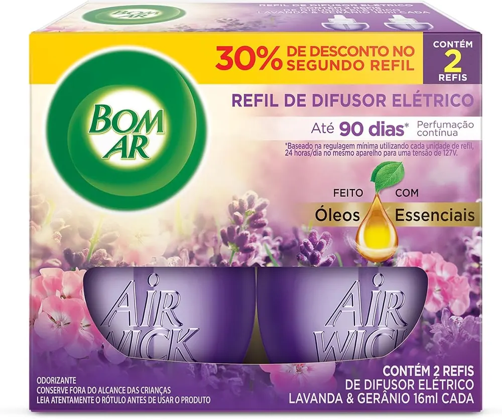 Bom Ar Refil para Difusor Elétrico Lavanda e Gerânio - Kit 2 Refis 16ml
