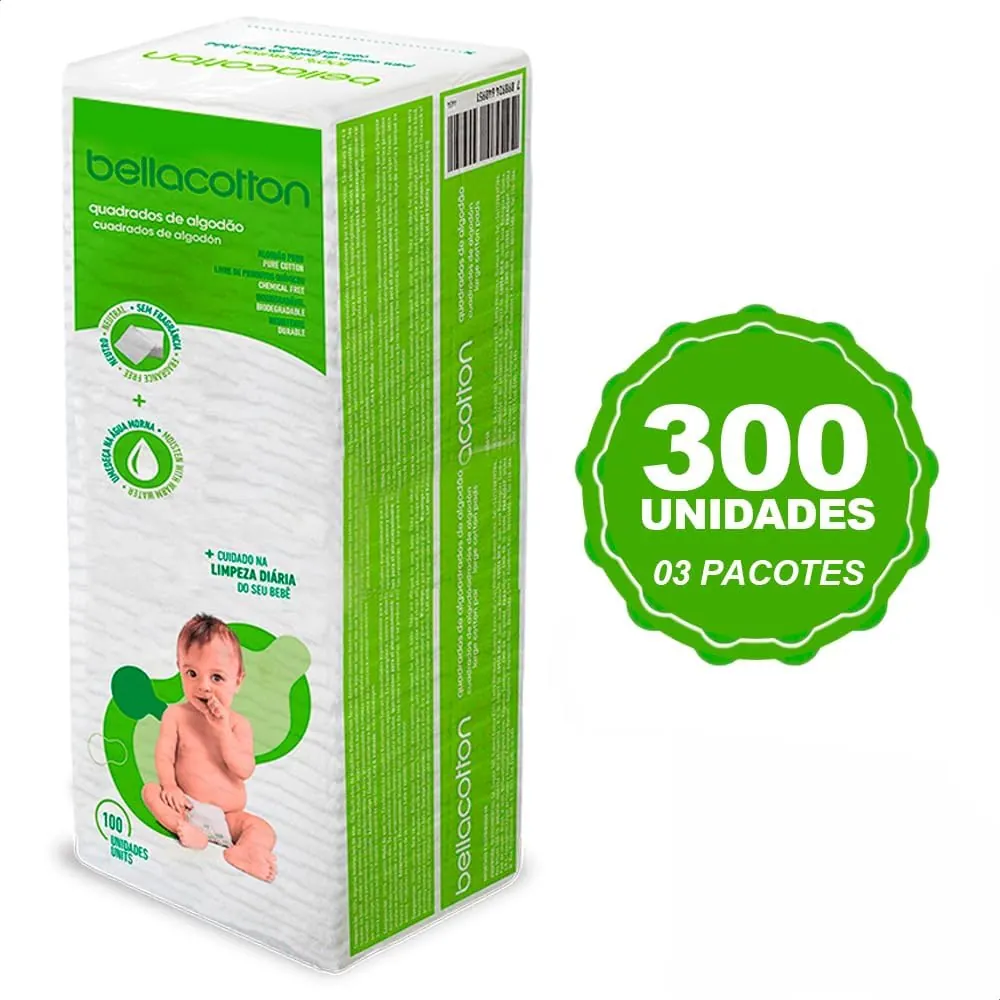 Bellacotton Algodão Quadrado Baby - Kit 3 Pacotes com 100 unidades (300 quadrados)