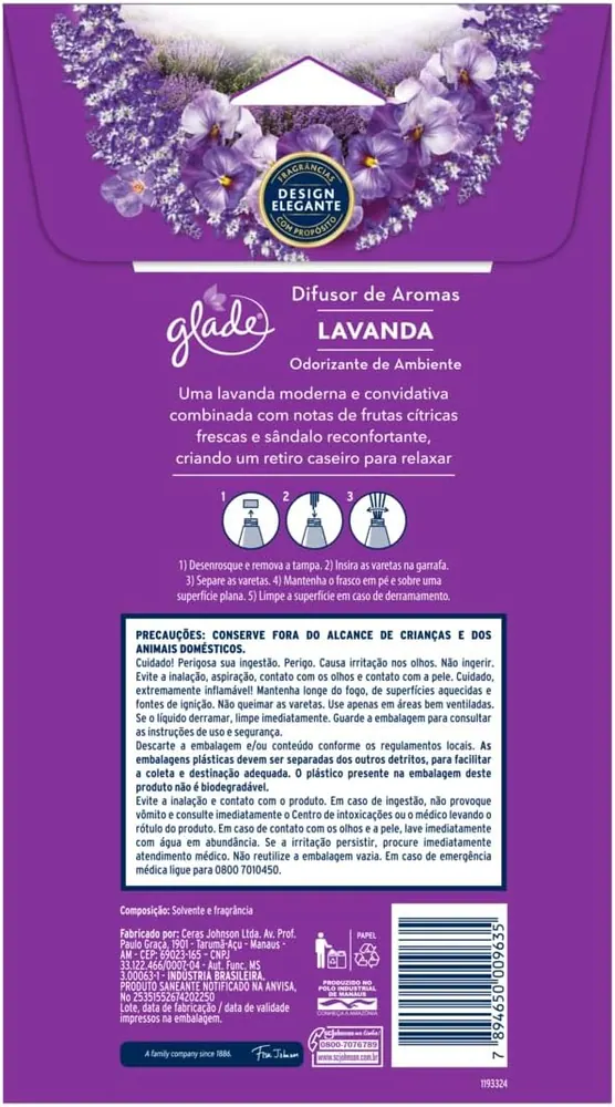 Glade Difusor de Ambiente Lavanda - Kit 2 Frascos 100ml com Varetas