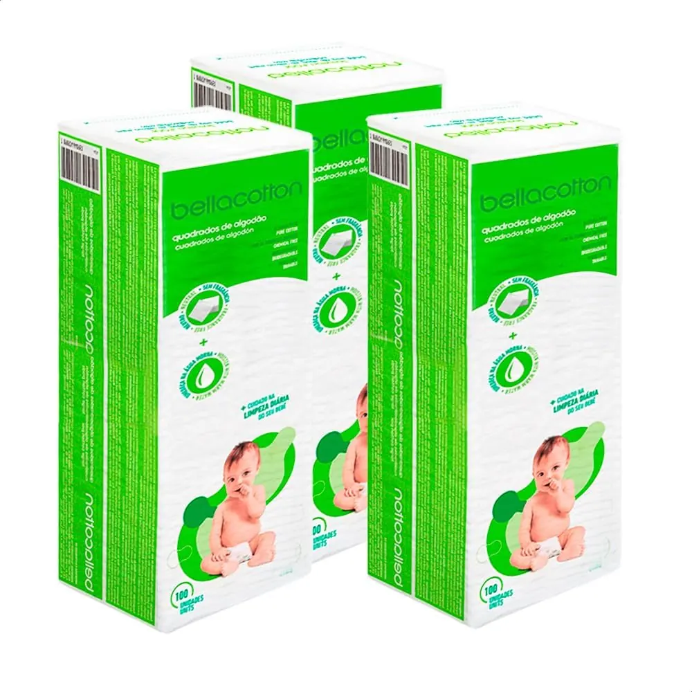 Bellacotton Algodão Quadrado Baby - Kit 3 Pacotes com 100 unidades (300 quadrados)