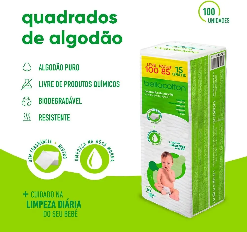 Bellacotton Algodão Quadrado Baby 100% Algodão - 100 Unidades