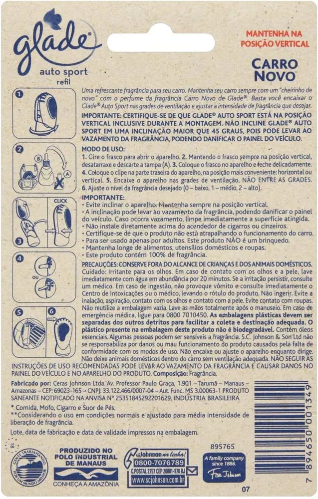 Glade Auto Sport Desodorizador de Carro Carro Novo - Refil 7ml