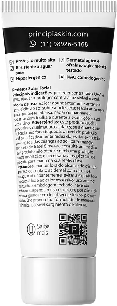 Principia PS-01 Protetor Solar Facial FPS 60 40ml - Filtros UV + Niacinamida