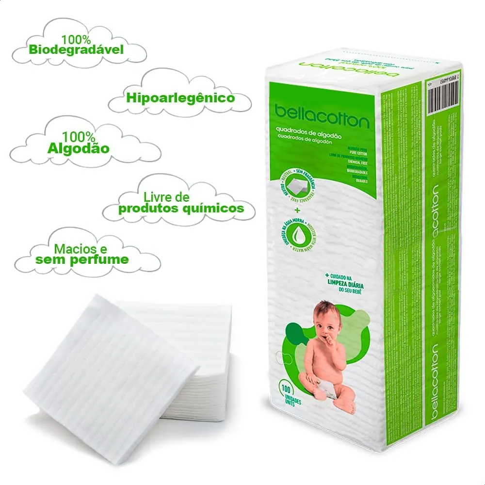 Bellacotton Algodão Quadrado Baby - Kit 3 Pacotes com 100 unidades (300 quadrados)