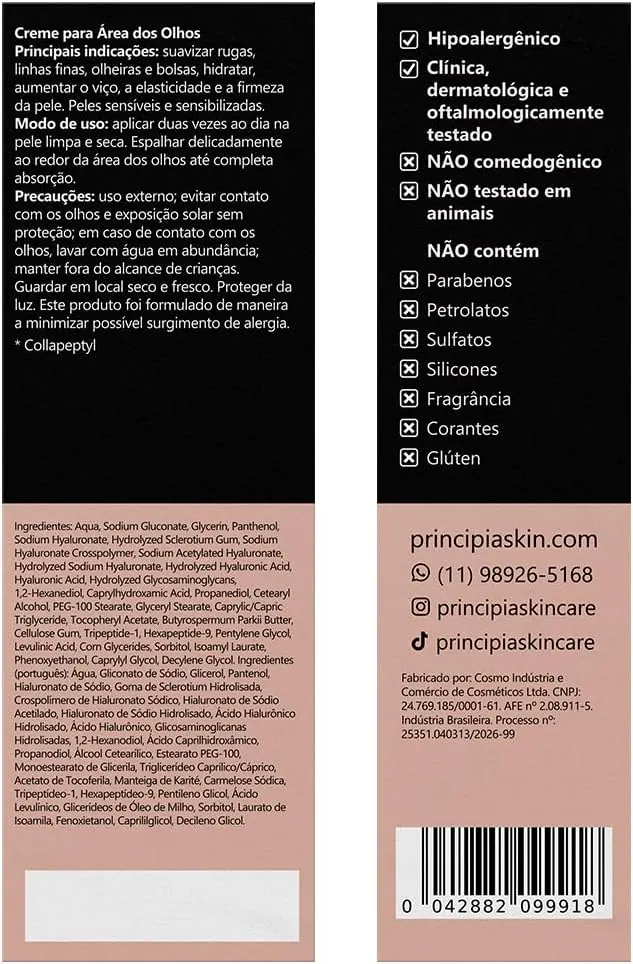 Principia Creme para Área dos Olhos CO-01 15g - Peptídeos + Vitaminas + Hialurônicos