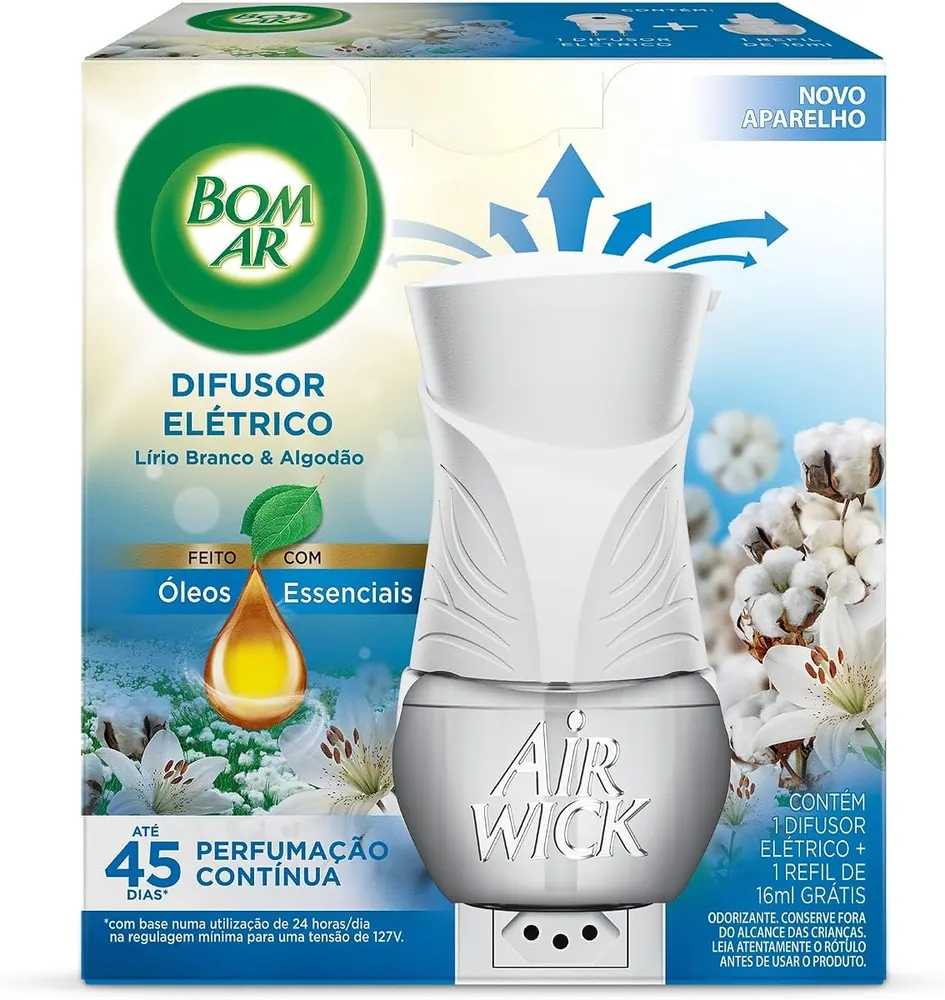 Bom Ar Difusor Elétrico Lírio Branco e Algodão - Aparelho + Refil 16ml
