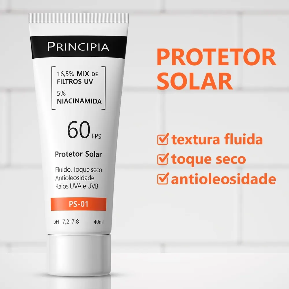 Principia PS-01 Protetor Solar Facial FPS 60 40ml - Filtros UV + Niacinamida