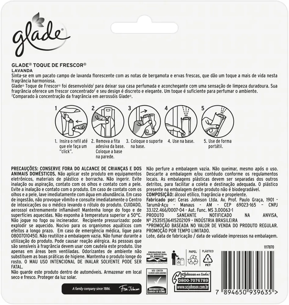 Glade Aromatizador Toque de Frescor Spray Lavanda - Aparelho + 3 Refis