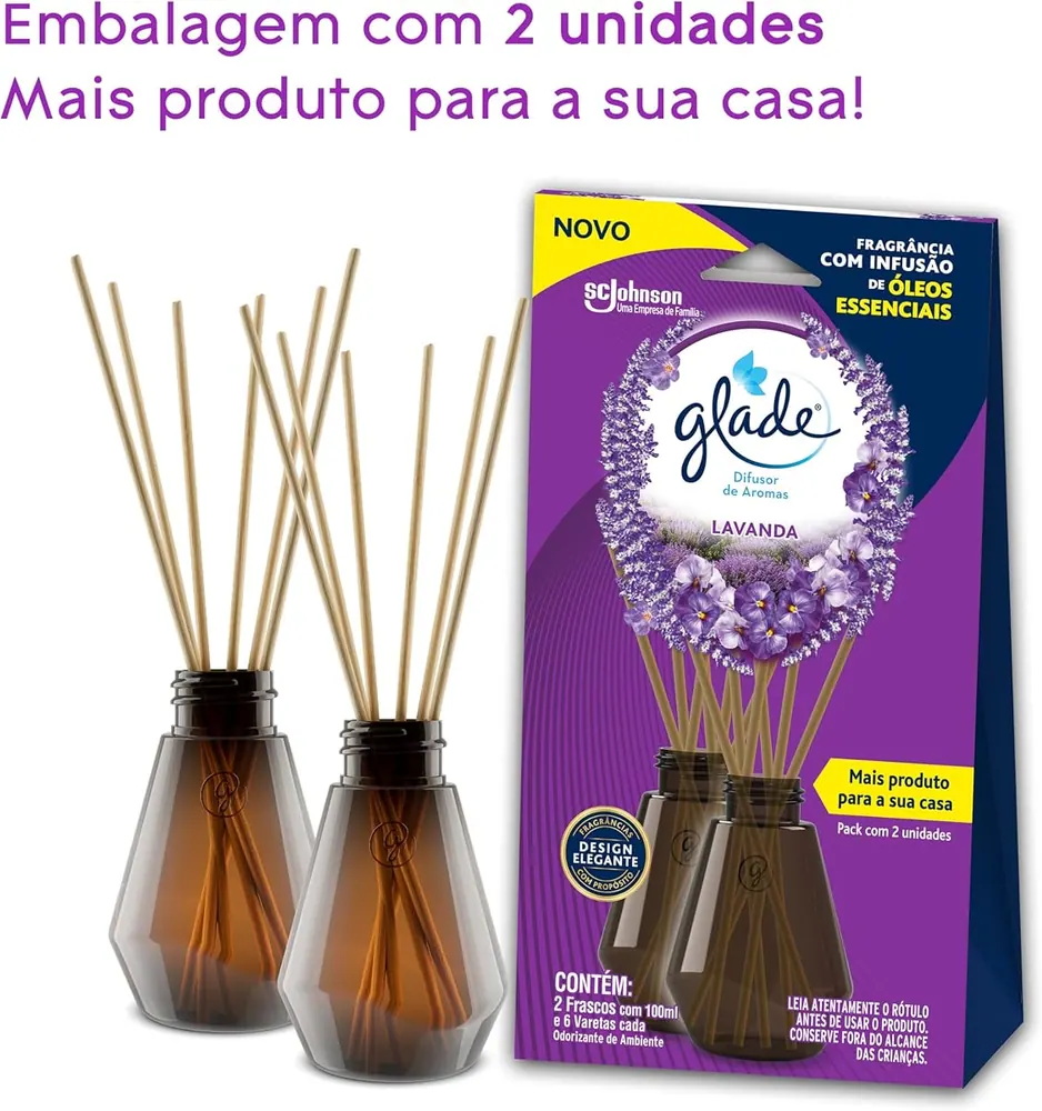Glade Difusor de Ambiente Lavanda - Kit 2 Frascos 100ml com Varetas