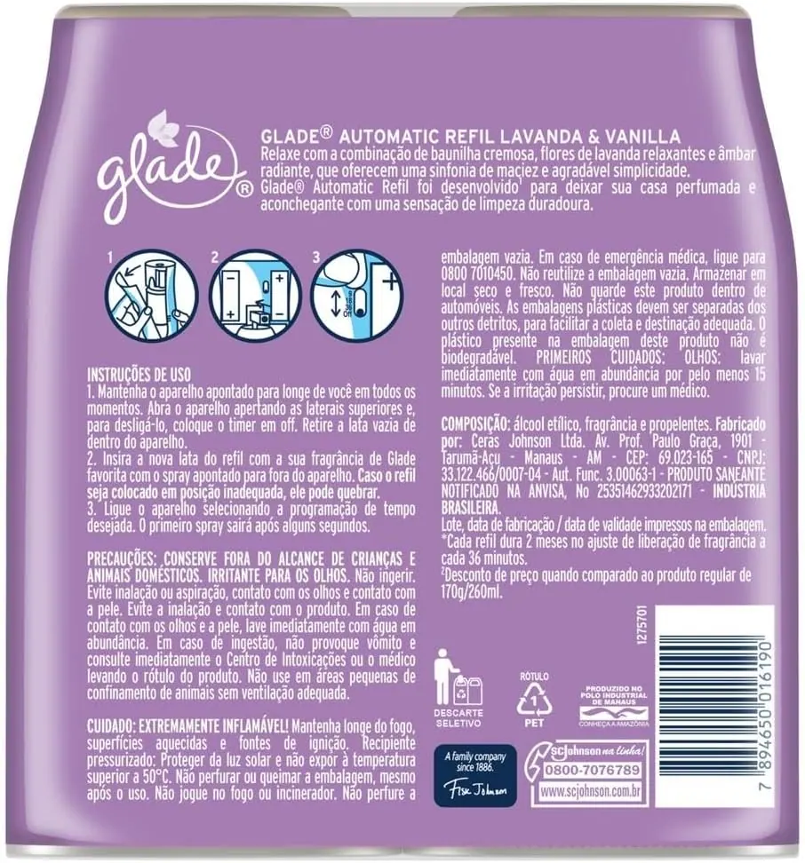 Glade Aromatizador Automático Lavanda e Baunilha - Kit 2 Refis 269ml