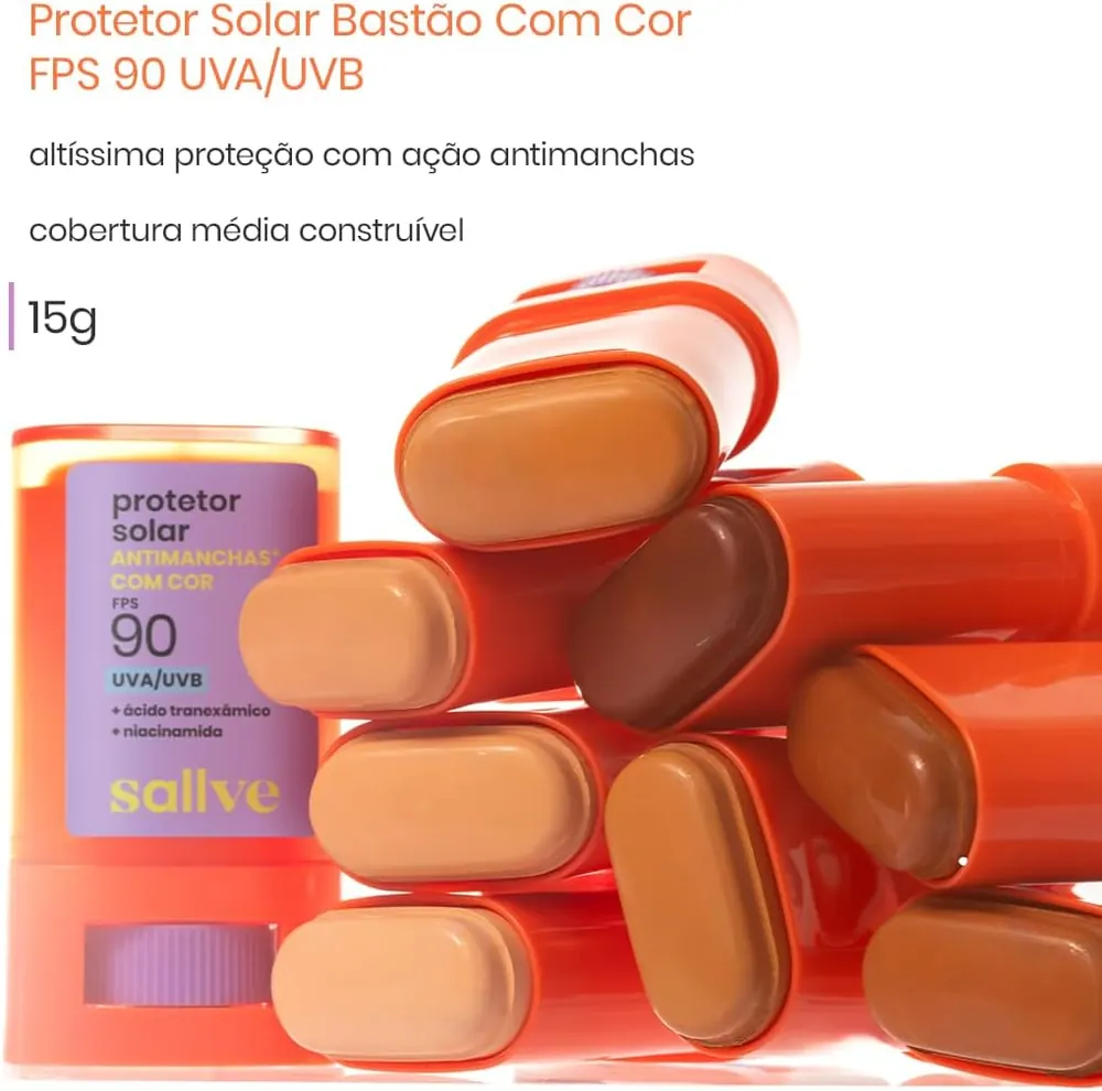 Sallve Protetor Solar em Bastão Antimachas FPS 90 com Cor Tom 3 - 15g