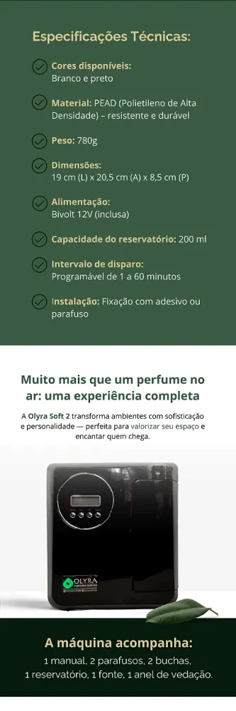 Aromatizador Profissional Olyra Soft 3 100m² - Nebulização a Seco Programável