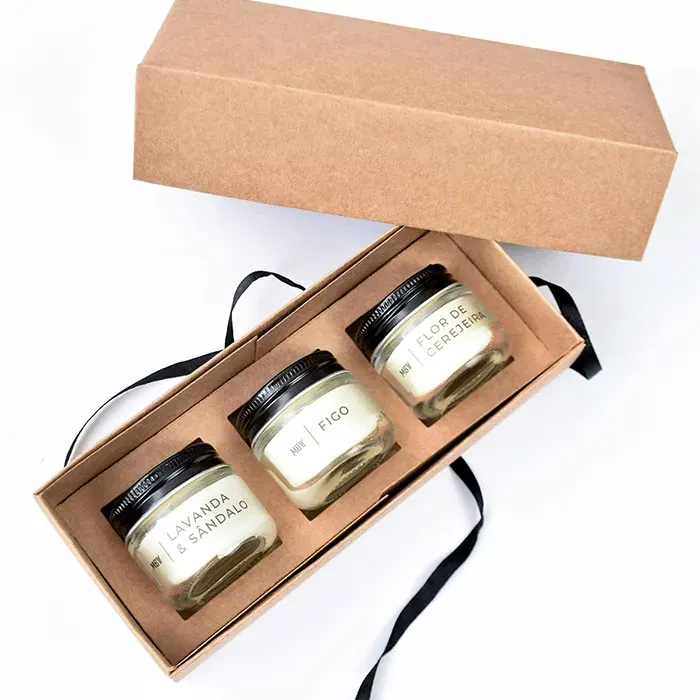 Kit 3 Velas Aromáticas Mini 30g Cera Vegetal Pote de Vidro Caixa Presente