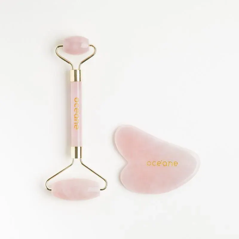 Kit Gua Sha + Rolo Massageador Facial de Quartzo Rosa - Pedra Natural